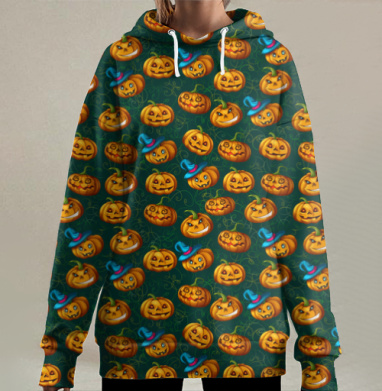 Веселые тыквы с гримасами на зеленом фоне хэллоуин настроение, Hoodie Long Oversize 3D