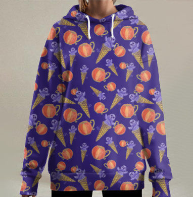Halloween Holiday Pumpkin Pattern Темно Фиолетовый Оранжевый Морозное Сладкое, Hoodie Long Oversize 3D