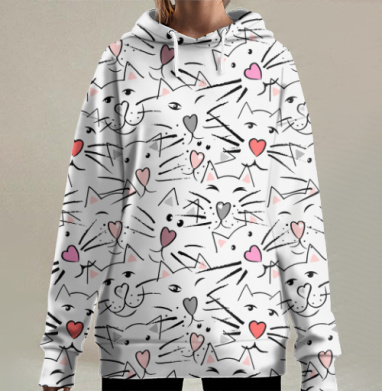 Забавные кошки с усами и носами в форме сердца, Hoodie Long Oversize 3D