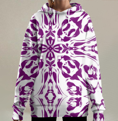 Глубокий пурпурный флористический орнамент на белом фоне, Hoodie Long Oversize 3D