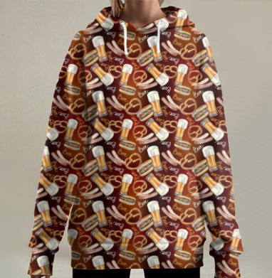 Пивной паттерн с крендельками и сосисками, Hoodie Long Oversize 3D