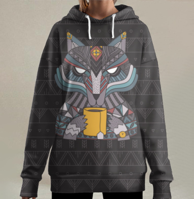 Волк с чайной кружкой в орнаментальном стиле, Hoodie Long Oversize 3D