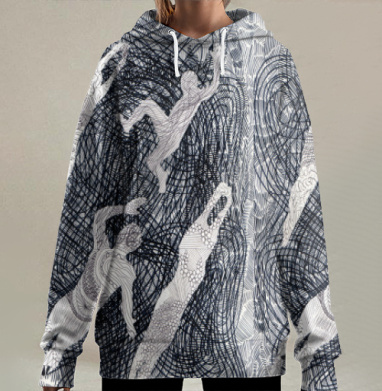 Чёрно белые фигуры плывут в потоке линий, Hoodie Long Oversize 3D