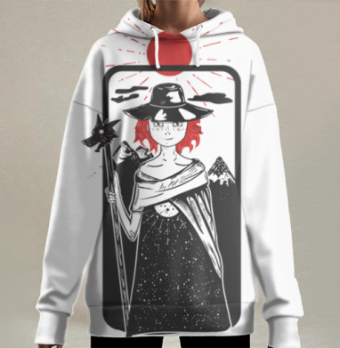 Девушка с посохом и красным солнцем над горами, Hoodie Long Oversize 3D