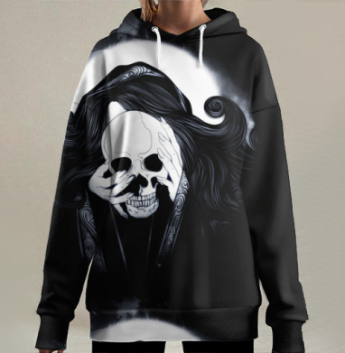 Череп с руками и длинными волосами таинственная мистическая сцена, Hoodie Long Oversize 3D