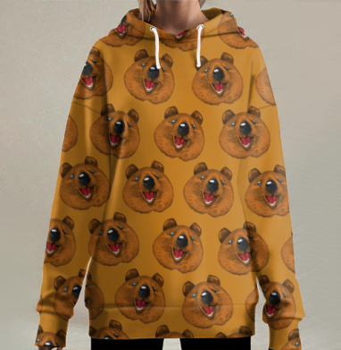 Улыбающиеся медвежьи морды в теплых тонах, Hoodie Long Oversize 3D