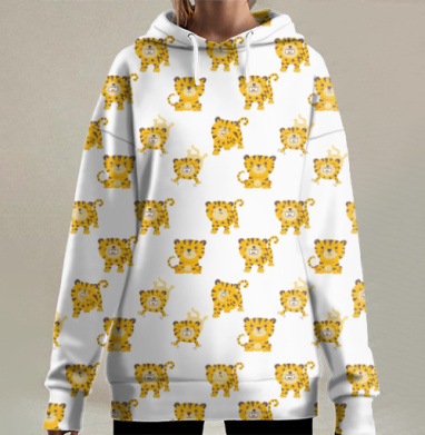 Веселые тигрята в разных эмоциях на сером фоне, Hoodie Long Oversize 3D