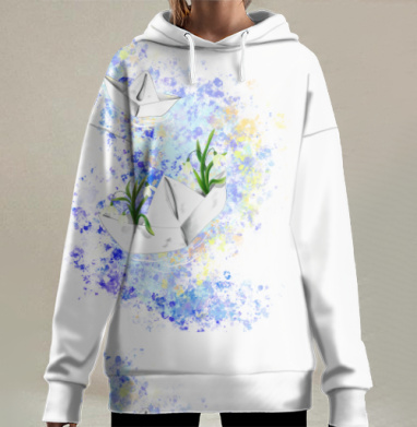 Весенние кораблики с зелёными растениями несут весну, Hoodie Long Oversize 3D
