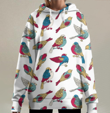Разноцветные птицы в полёте и покое, Hoodie Long Oversize 3D