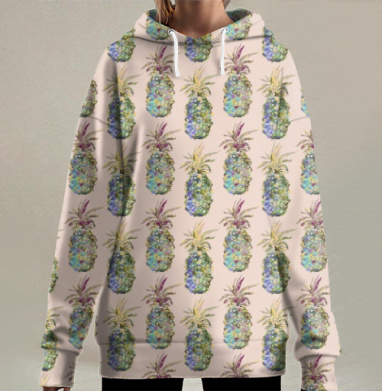 Акварельный узор с ананасами для летнего настроения, Hoodie Long Oversize 3D