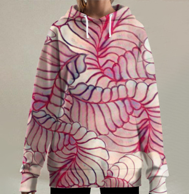Нежные волнистые листья розовых оттенков изысканное спокойствие, Hoodie Long Oversize 3D