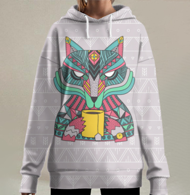 Волк с чашкой чая яркий геометрический арт, Hoodie Long Oversize 3D