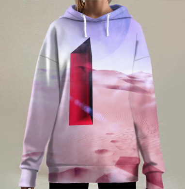 Красный монолит в пустыне с лунным фоном монолите, Hoodie Long Oversize 3D