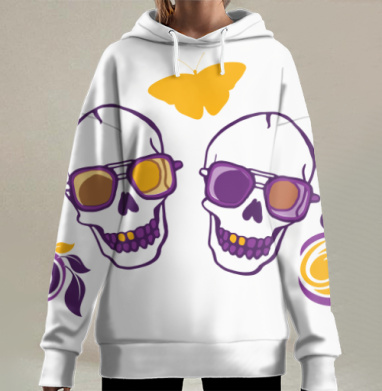 Два черепа в очках с бабочками и цветами дружные черепа, Hoodie Long Oversize 3D