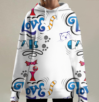 Яркое признание я люблю кошек слова и символы, Hoodie Long Oversize 3D