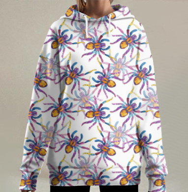 Яркий акварельный орнамент с пауками, Hoodie Long Oversize 3D