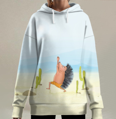 Игривый ёж в пустыне: мультяшный арт с надеждой, Hoodie Long Oversize 3D