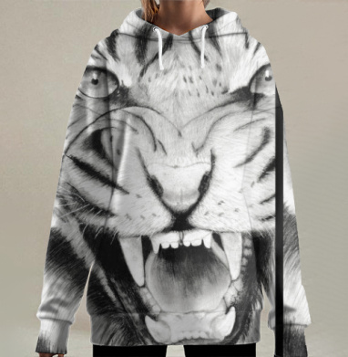 Сильный рычащий тигр агрессивная мощь и страх, Hoodie Long Oversize 3D