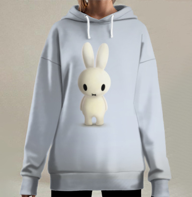 Белый милый заяц с большими ушами на фоне белом белом, Hoodie Long Oversize 3D