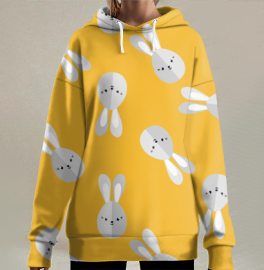 Милые серые головы зайчиков на ярко желтом фоне, Hoodie Long Oversize 3D