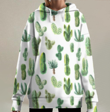 Кактусы зелёные разные формы зелёные разных форм, Hoodie Long Oversize 3D