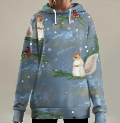 Белки снегири на зимнем фоне с рябиной улыбайтесь, Hoodie Long Oversize 3D