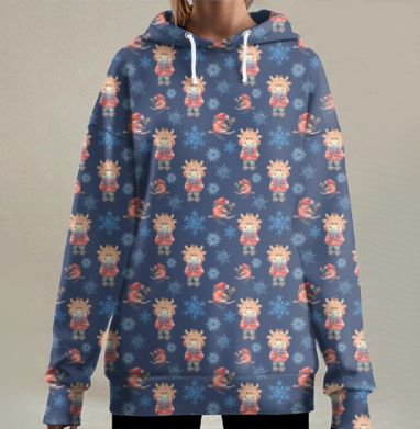 Милые отважные животные в рыцарских доспехах на синем фоне, Hoodie Long Oversize 3D