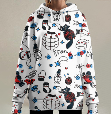 Зимняя уютная композиция с шарфами и варежками, Hoodie Long Oversize 3D