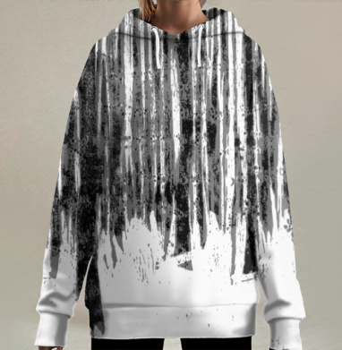 Зимний лес чёрно белый с деревьями на снегу, Hoodie Long Oversize 3D