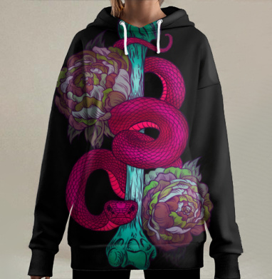 Змея обвивает кость с цветами Неон живопись эстетика, Hoodie Long Oversize 3D