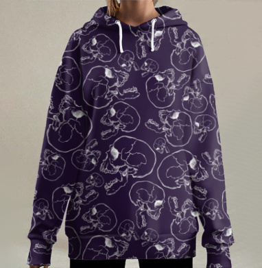 Анатомические черепа в мрачной палитре, Hoodie Long Oversize 3D