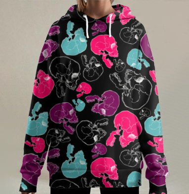 Яркий узор из черепов в неоновом стиле, Hoodie Long Oversize 3D