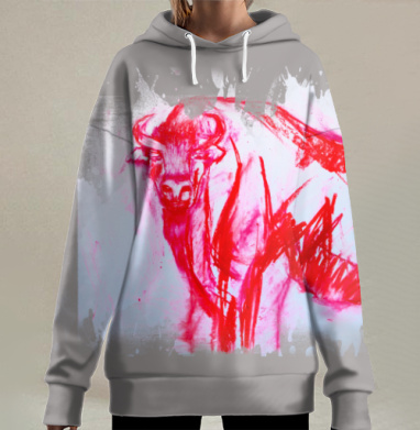 Красный зубр на белом фоне красный бык на сером фоне, Hoodie Long Oversize 3D