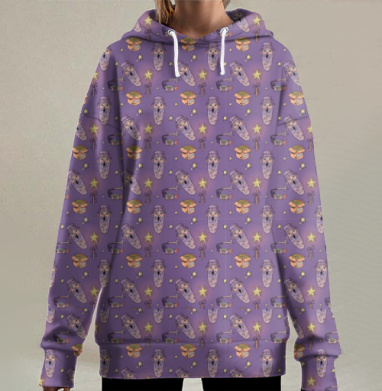 Волшебный дедушка лечит звезды на фиолетовом фоне, Hoodie Long Oversize 3D