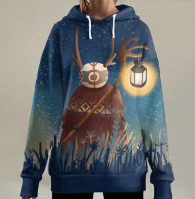 Мистический дух леса с фонарём и оленьими рогами, Hoodie Long Oversize 3D