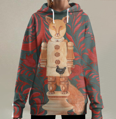 Деревянная лиса с курочкой на поводке – символизм и искусство, Hoodie Long Oversize 3D