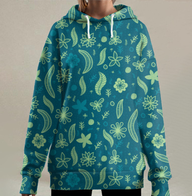Орнамент с цветами и листьями в минимализме, Hoodie Long Oversize 3D