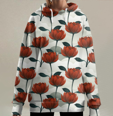 Красные цветы бутоны на темном фоне, Hoodie Long Oversize 3D