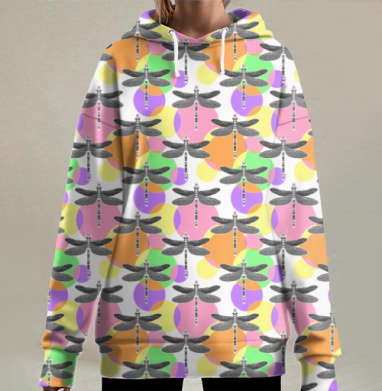 Черно белые стрекозы на цветном фоне яркий эффект законченные мотивы, Hoodie Long Oversize 3D