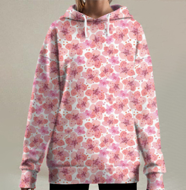 Розовые Цветы Вишни Весенние Мотивы цветы вишни, Hoodie Long Oversize 3D