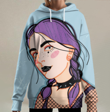 Девушка с пирсингом змея яркие сиреневые волосы, Hoodie Long Oversize 3D