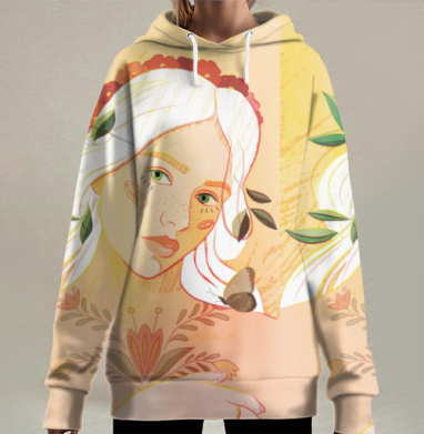 Нежная женщина с бабочками и листьями в пастельных тонах, Hoodie Long Oversize 3D