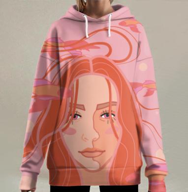 Девушка рыбки плавность коралловые оттенки, Hoodie Long Oversize 3D