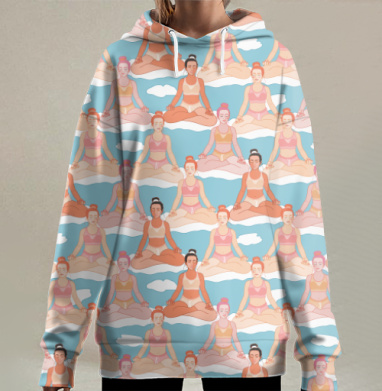 Медитация девушек в облаках на фоне голубого неба, Hoodie Long Oversize 3D