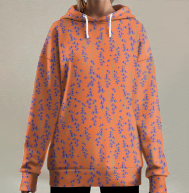 Фиолетовые полевые цветы на зеленых стеблях на оранжевом фоне, Hoodie Long Oversize 3D
