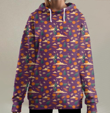 Осенние тыквы, листья, звёзды и облака, Hoodie Long Oversize 3D