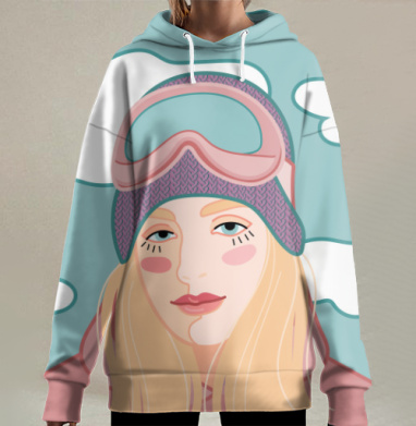 Молодая девушка в лыжном снаряжении нежные пастельные оттенки, Hoodie Long Oversize 3D