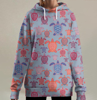 Разноцветные морские черепахи голубой фоне, Hoodie Long Oversize 3D