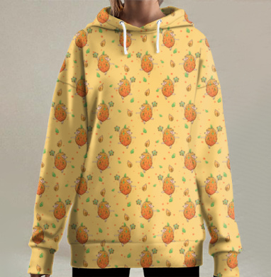 Весёлый ёжик в оранжевой шубке с листьями, Hoodie Long Oversize 3D
