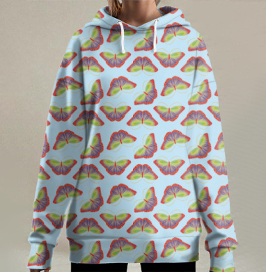 Радужные бабочки на голубом фоне для подушки наволочки, Hoodie Long Oversize 3D